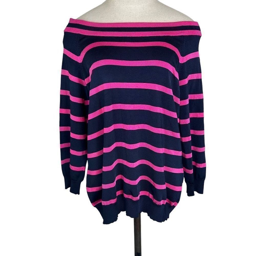 Lauren Ralph Lauren Womens Striped Off The Shoulder Top Navy Blue Hot Pink XL